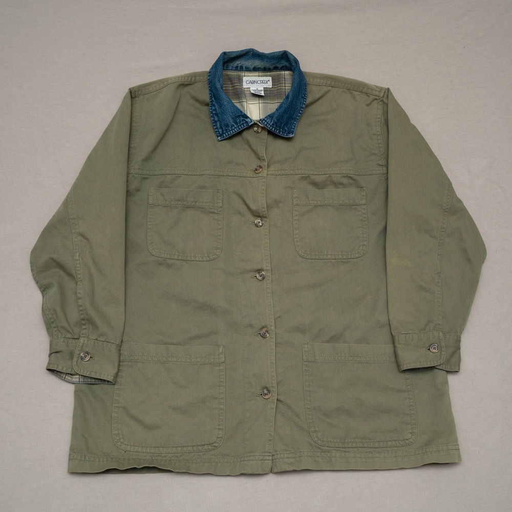 Vintage 80s 90s Olive Green Chore Barn Coat Denim Collar Flannel Lined Womans XL
